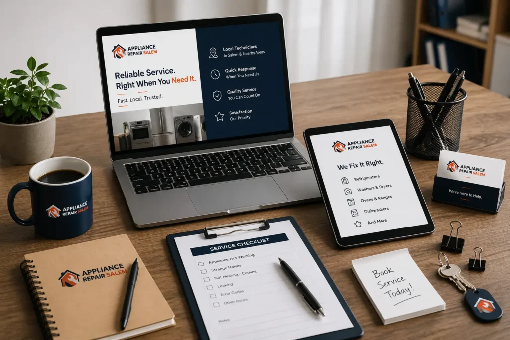 Professional appliance repair office workplace with laptop tablet, and branded service materials