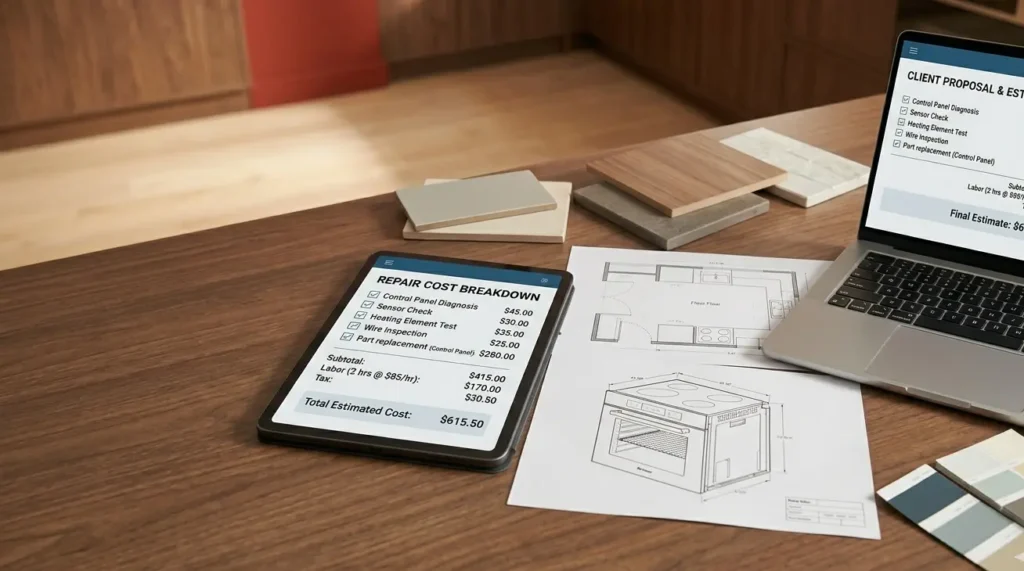 Oven repair cost explanation shows with technical oven parts diagram on paper and tablet with pricing list on table