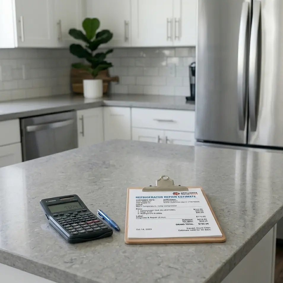 Refrigerator repair cost estimate document with clipboard and calculator on kitchen counter in Salem OR