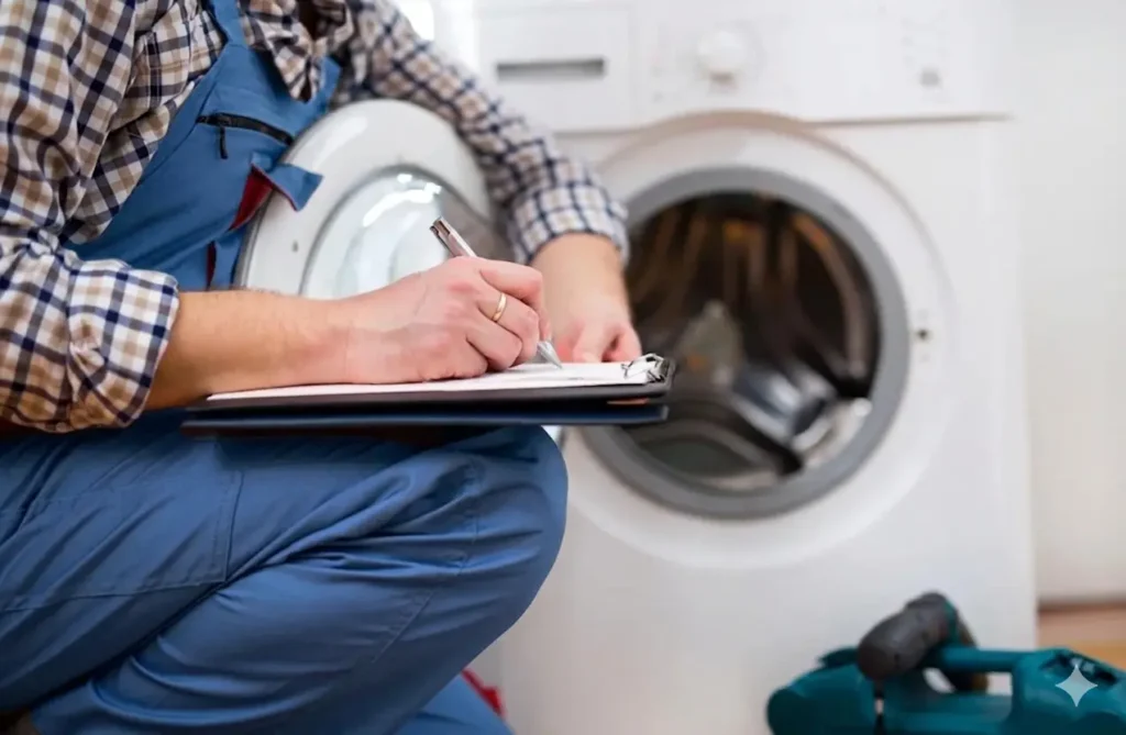 Technician writing appliance repair cost estimate on clipboard during service inspection