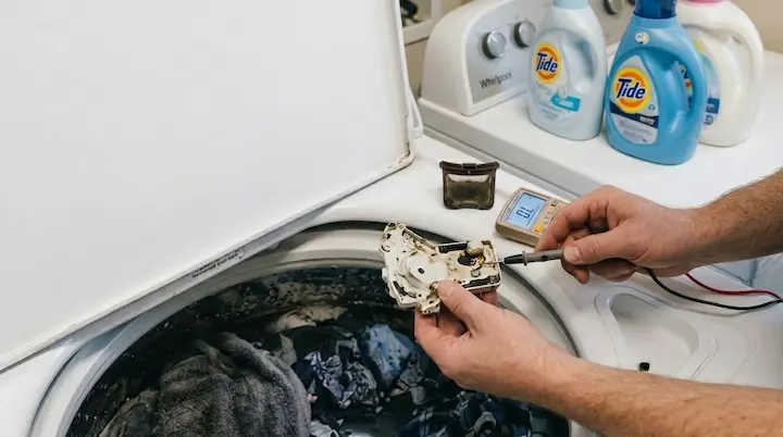 An appliance repair technician testing a failed top-load washer lid switch assembly using a digital multimeter probe next to a washing machine filled with wet clothes.