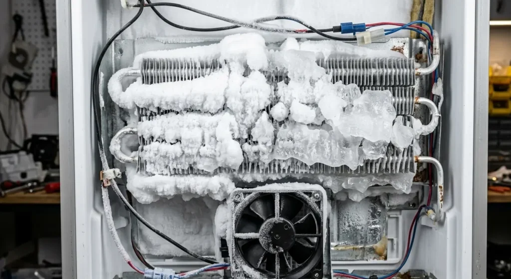 Close-up of frozen refrigerator evaporator coils with heavy ice buildup and fan motor visible during a repair service.