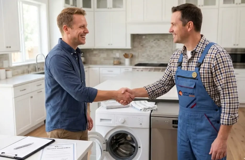 Appliance repair technician shaking hands with customer after successful service agreement