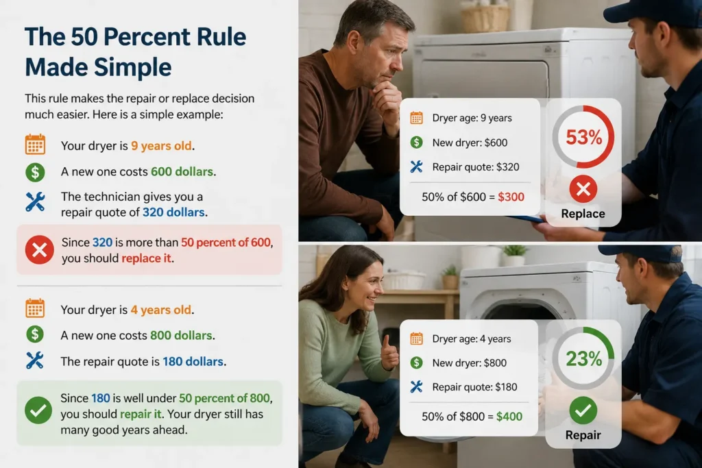 An infographic explaining the 50 percent rule for appliance repair, answering how long should a dryer last in a home by comparing repair costs versus replacement costs for 4-year-old and 9-year-old dryers.
