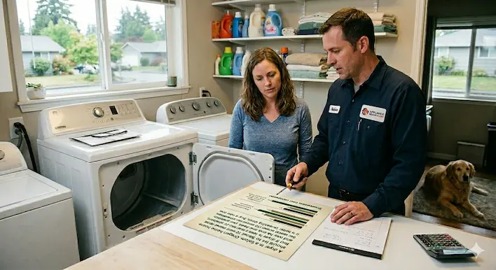 An appliance repair technician in Salem, Oregon, explaining to a homeowner how long a dryer should last and showing signs it is time for a repair or replacement.