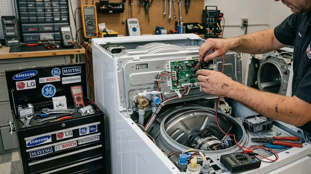 A technician in Salem, Oregon, using a multimeter to diagnose a control board on a disassembled washing machine, surrounded by tools and branding for Samsung, LG, GE, Maytag, Bosch, and Frigidaire.