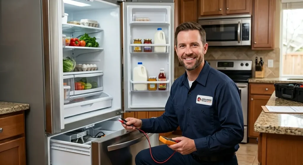 A friendly professional appliance repair technician from Appliance Repair Salem Pro in a navy uniform kneeling by an open refrigerator in a Salem, Oregon kitchen.
