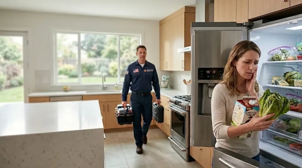 Professional appliance repair technician in a Salem Oregon kitchen fixing a refrigerator that is not cooling.