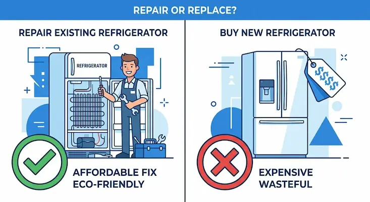 An infographic comparing the cost and environmental benefits of repairing an existing refrigerator vs. buying a new one, designed for local appliance service in Salem Oregon