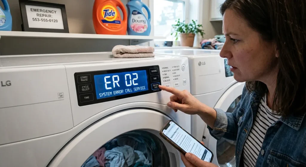 A concerned woman pointing at an error code on a digital display screen, one of the clear signs your dryer needs to be repaired.