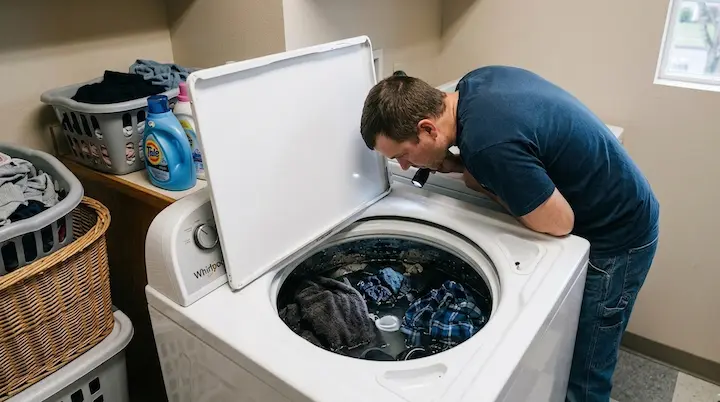 An appliance repair technician in Salem Oregon inspecting a top-load Whirlpool washing machine that is full of wet clothes and not spinning.